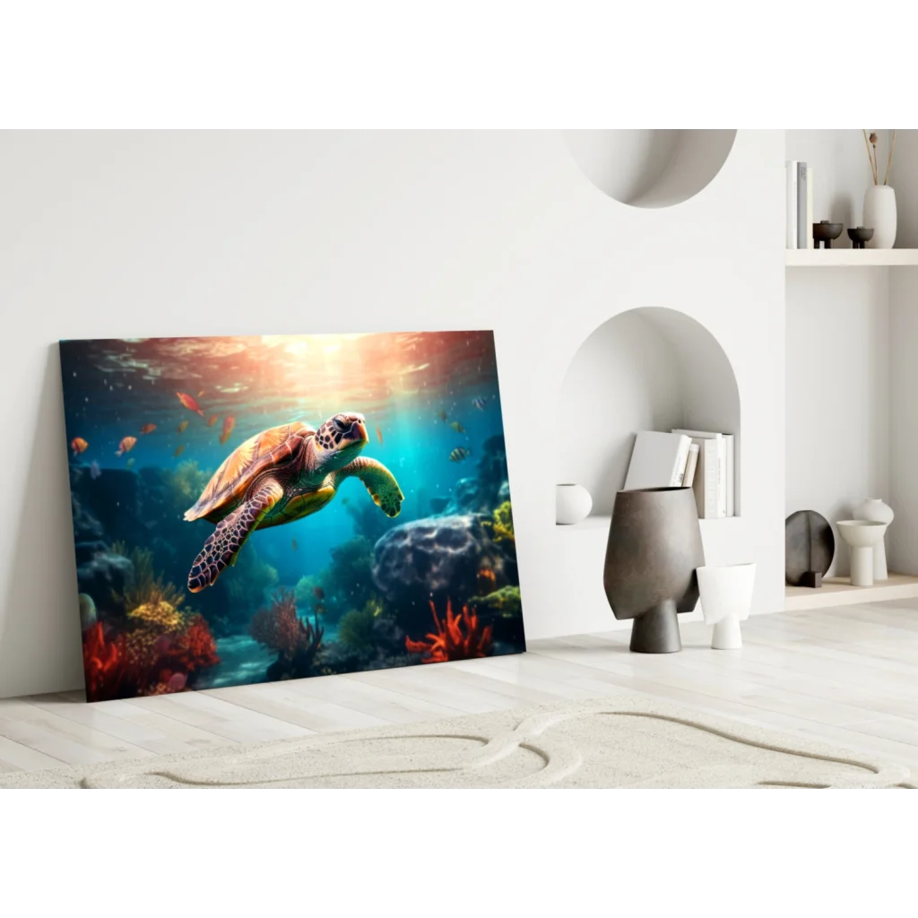 Vibrant green sea turtle in colorful coral reefs on glass wall art canvas