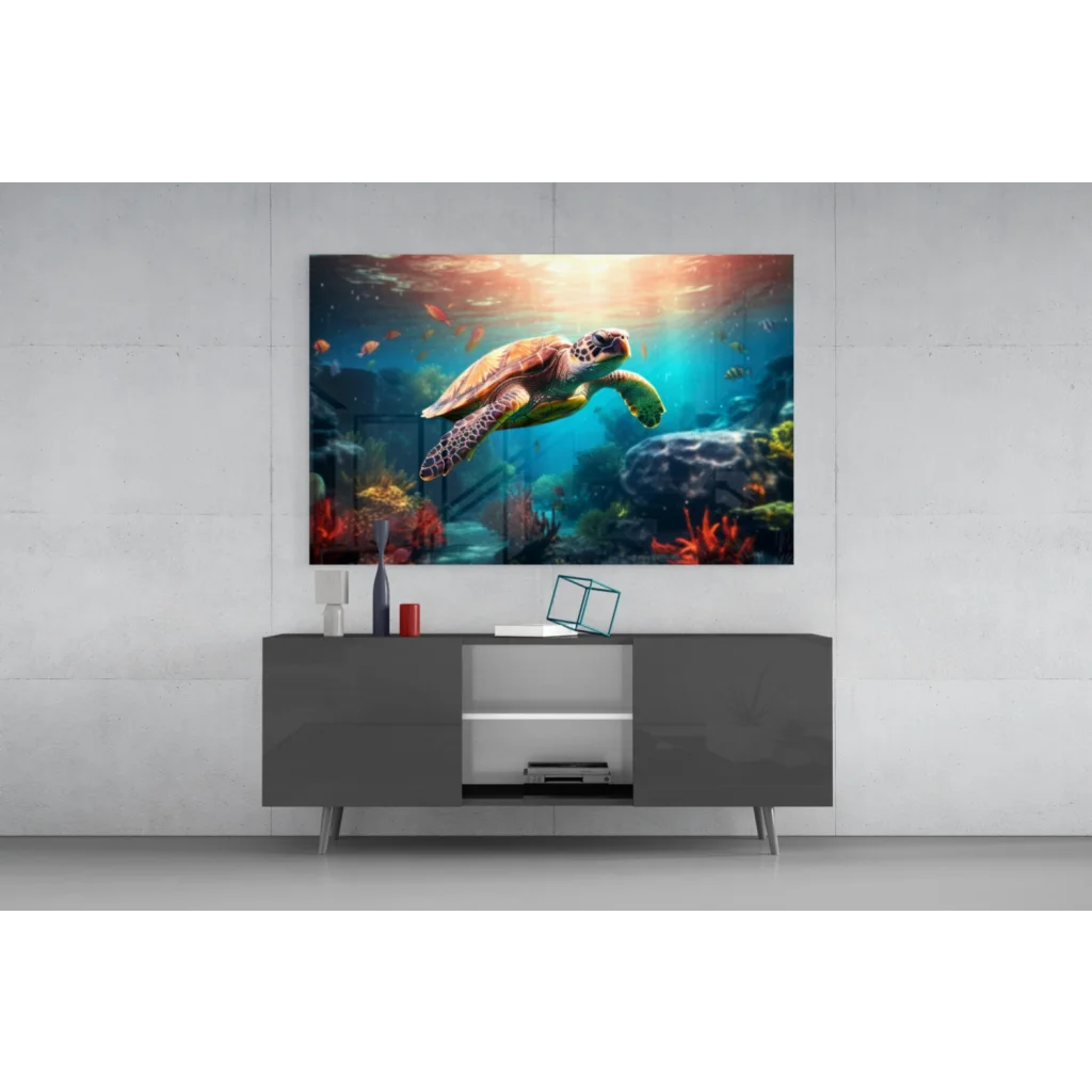 Vibrant sea turtle glass wall art canvas print with coral and fish