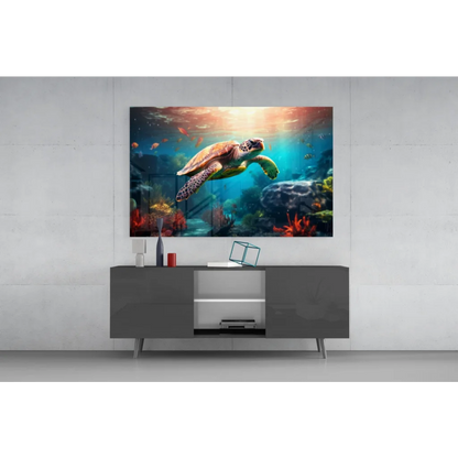 Vibrant sea turtle glass wall art canvas print with coral and fish