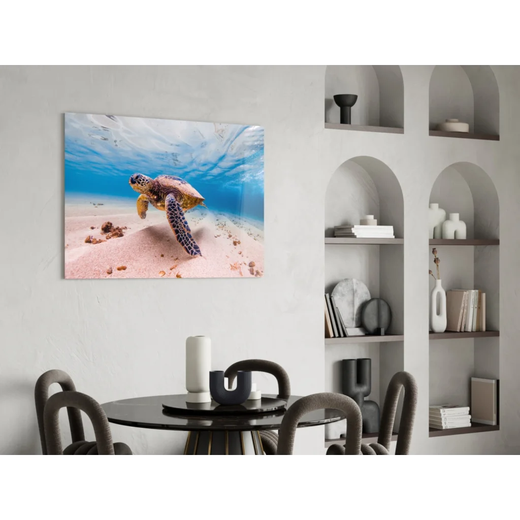 Vibrant sea turtle in glass wall art print for home decor