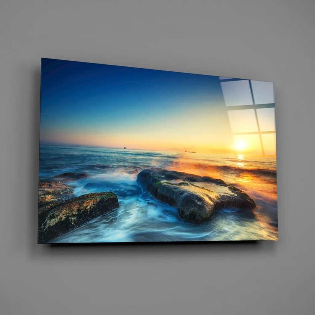 Vibrant sunset ocean waves glass wall art with golden sky reflections