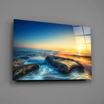 Vibrant sunset ocean waves glass wall art with golden sky reflections
