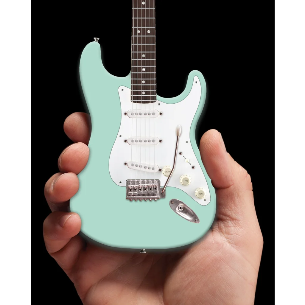 Seafoam green Fender Strat mini guitar with rosewood fretboard, white pickguard, axe heaven adjustable A-frame stand, guitar case gift