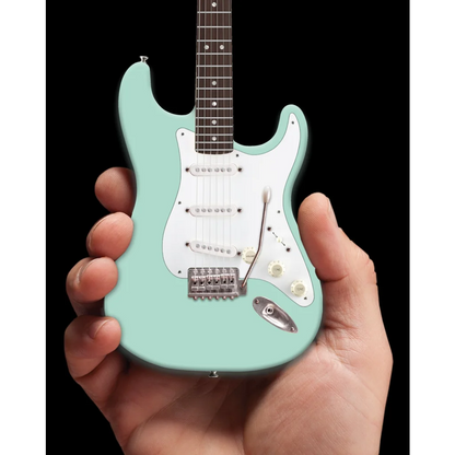 Seafoam green Fender Strat mini guitar with rosewood fretboard, white pickguard, axe heaven adjustable A-frame stand, guitar case gift
