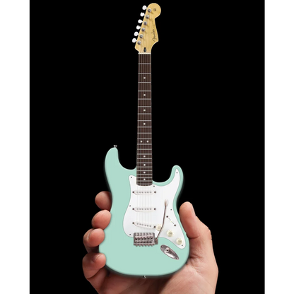 Seafoam green Fender Strat mini guitar with rosewood fretboard, Axe Heaven case & adjustable A-frame stand