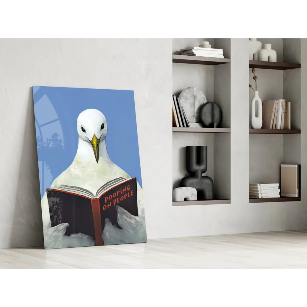 White seagull reading book wall art print