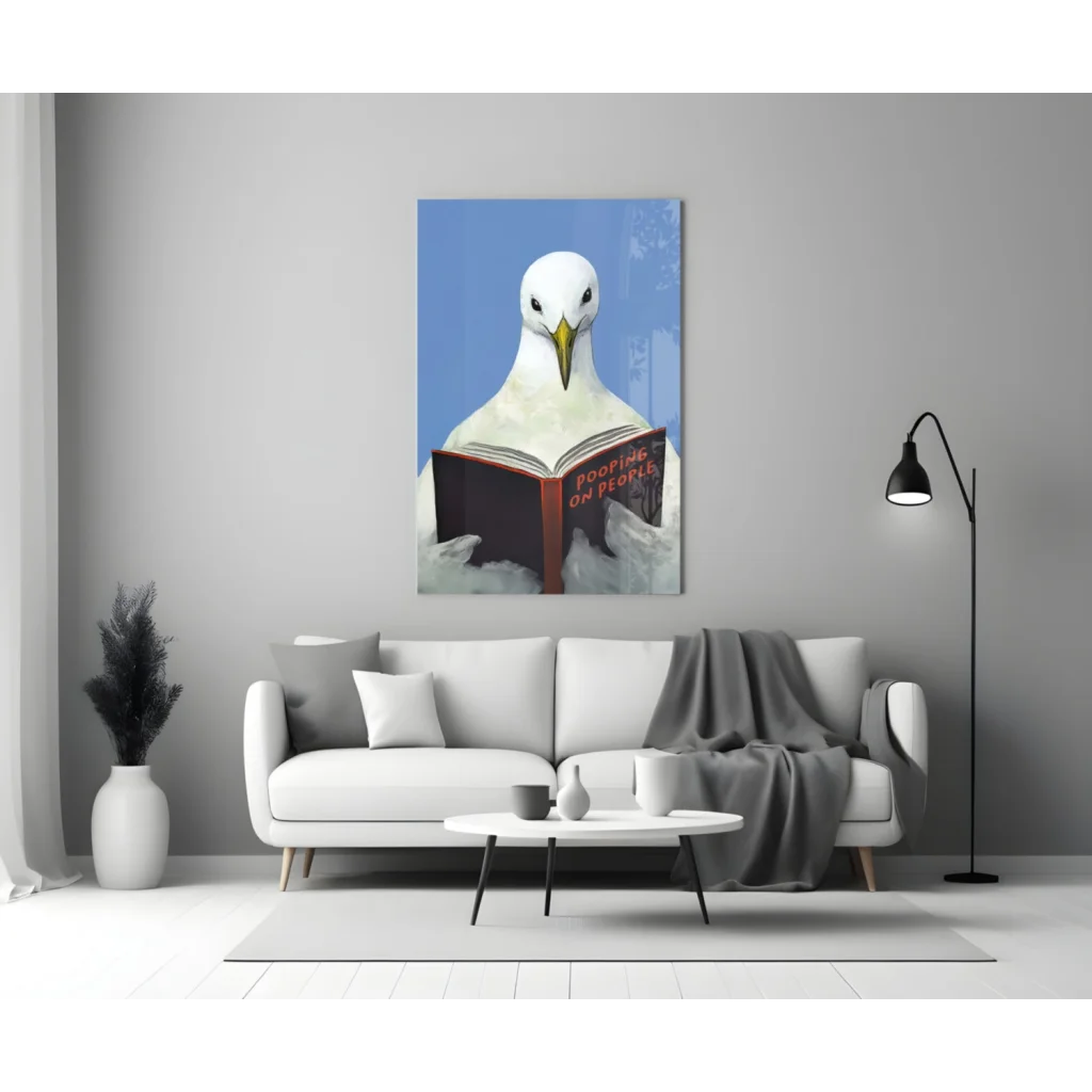 White seagull reading book wall art print