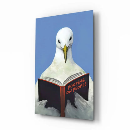 White seagull reading Pooping on People book wall art print against blue sky