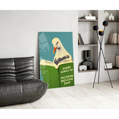 Stylized white pigeon on open book wall art print with Guano Genius text