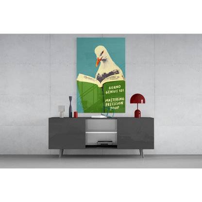 Vibrant pop-art pigeon reading on green book, Guano Genius wall art print