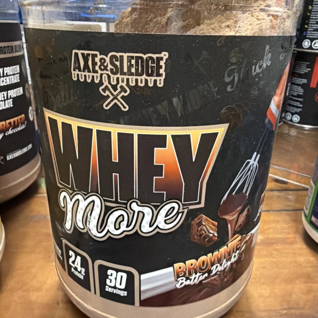 Sealed Axe & Sledge Whey More brownie batter delight protein powder, 37.88 oz