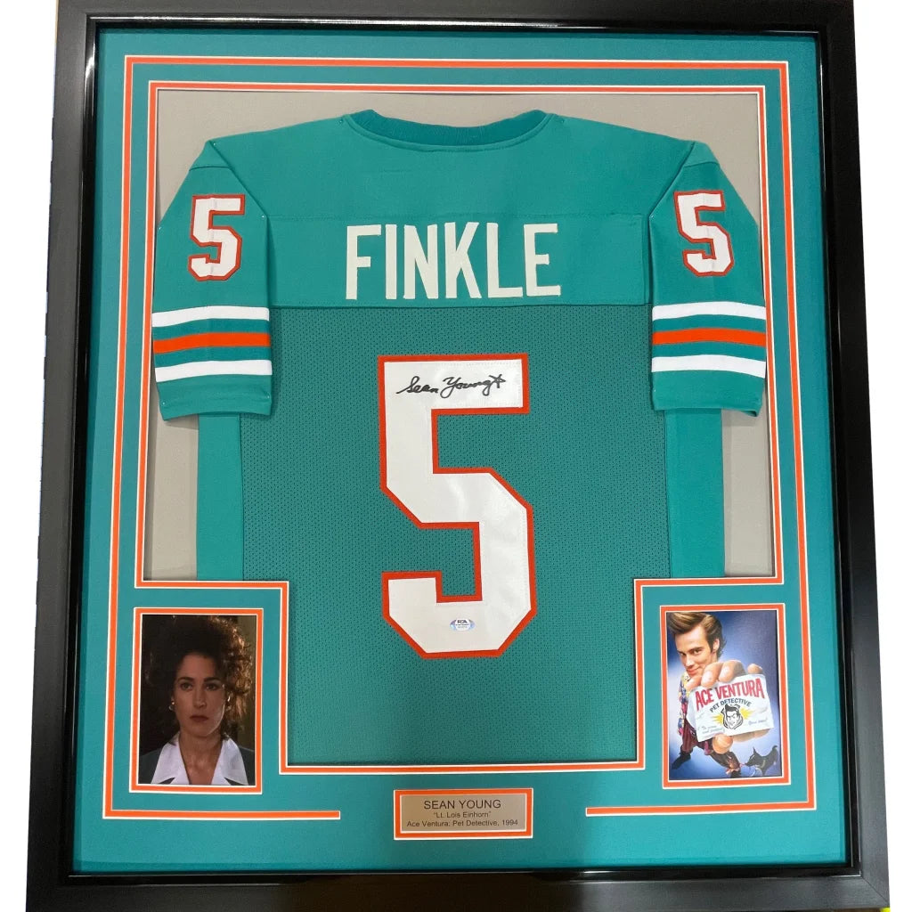 Framed Miami Dolphins Finkle jersey signed by Sean Young with photos ready to hang