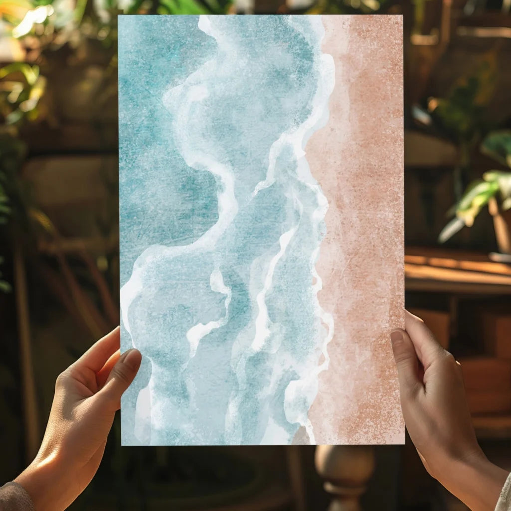 Serene teal ocean waves watercolor on insigne aluminum print