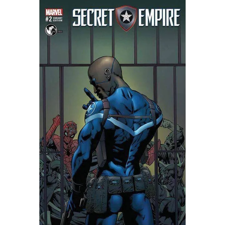 Secret Empire comic cover by Mike Perkins showing a muscular hero in blue gear at Unknown Comics Exclusive