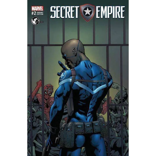 Secret Empire comic cover by Mike Perkins showing a muscular hero in blue gear at Unknown Comics Exclusive