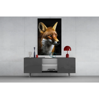 Stunning red fox canvas wall art with piercing amber eyes on gray table