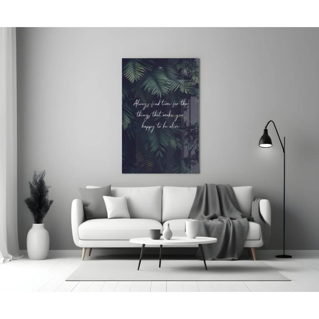 Tropical leaf glass wall art with happiness quote on canvas