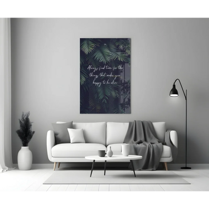 Tropical leaf glass wall art with happiness quote on canvas