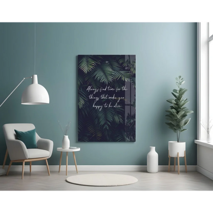 Tropical leaf glass wall art with happiness quote on teal wall