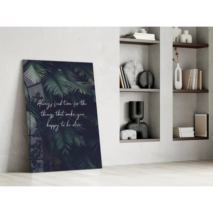 Tropical leaf glass wall art with lush green palm fronds and happiness quote