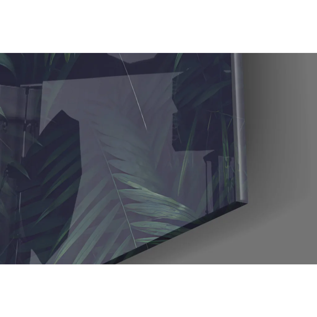 Tropical leaf glass wall art in silver frame with happiness quote