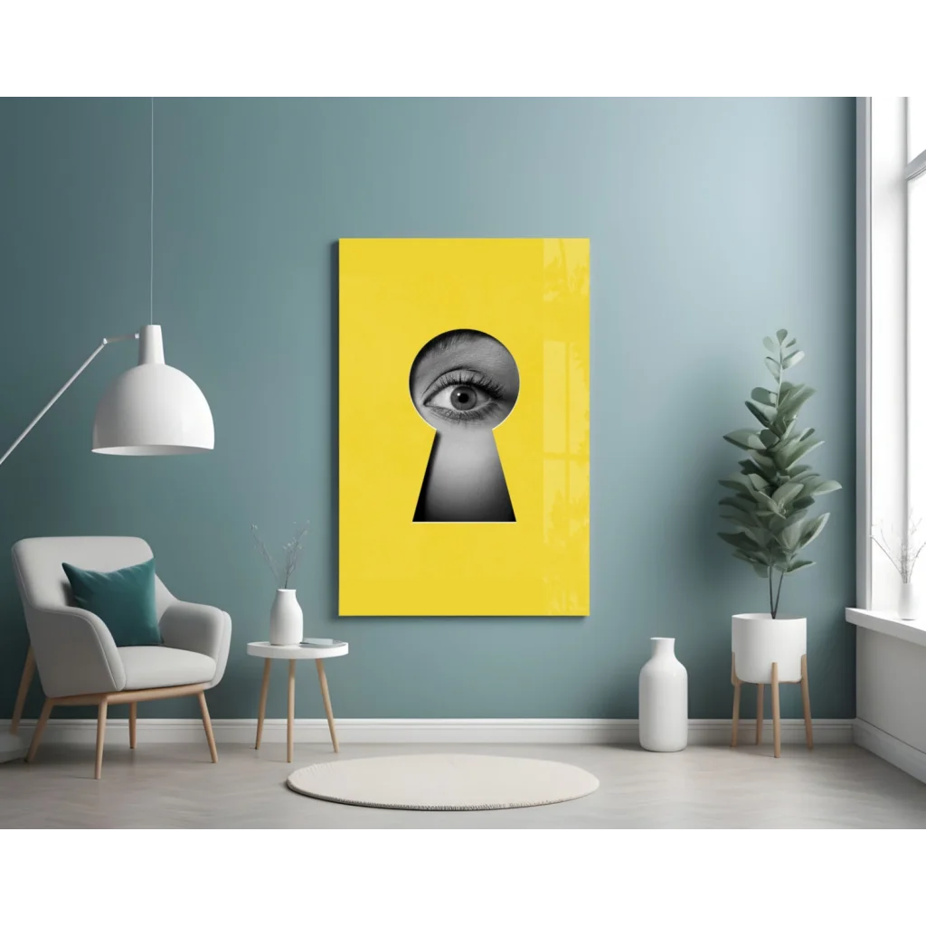 Bold yellow canvas keyhole eye glass wall art with striking black-and-white eye