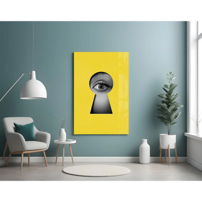 Bold yellow canvas keyhole eye glass wall art with striking black-and-white eye