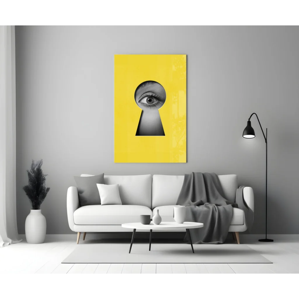 Vibrant yellow canvas keyhole eye glass wall art in bold black and white