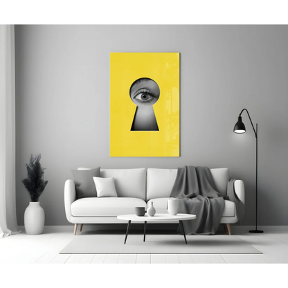 Vibrant yellow canvas keyhole eye glass wall art in bold black and white