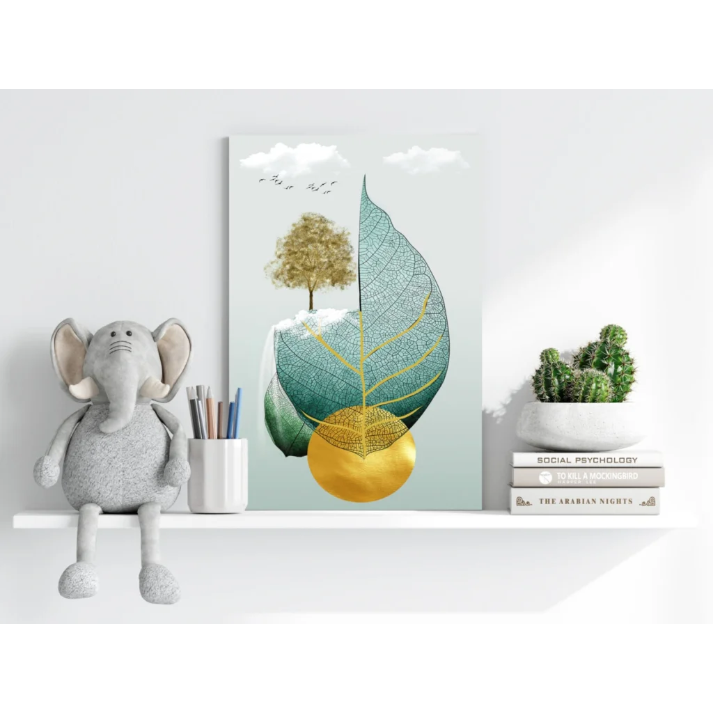 Stylized tree and leaf insigne aluminum print in teal, gold, white