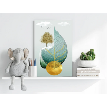 Stylized tree and leaf insigne aluminum print in teal, gold, white