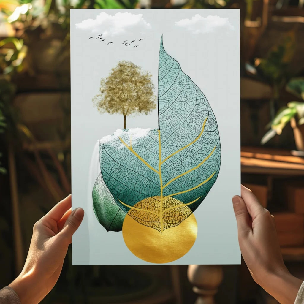 Stylized tree aluminum print in teal gold green on Insigne Aluminum
