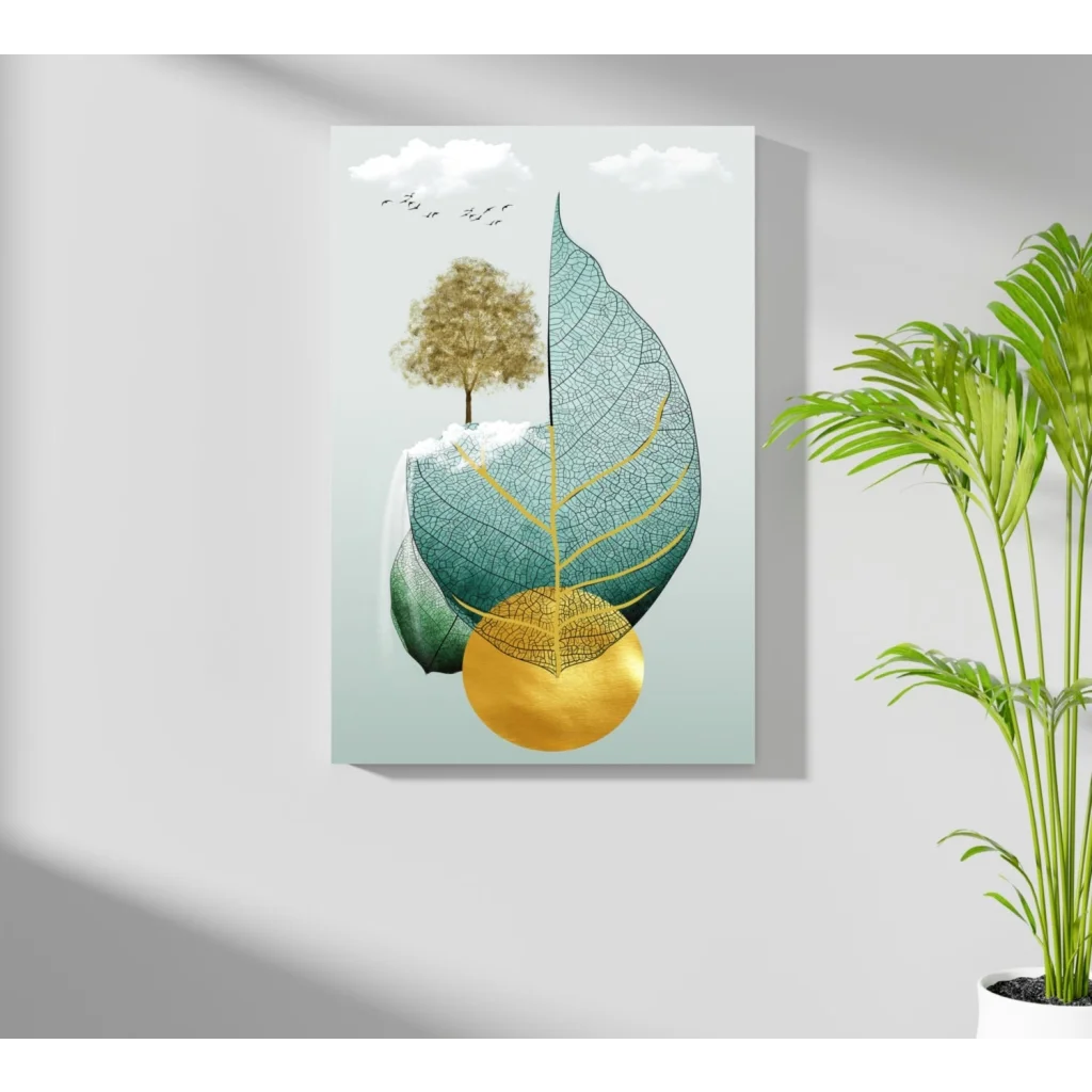 Stylized golden tree on insigne aluminum print with green gold patterns