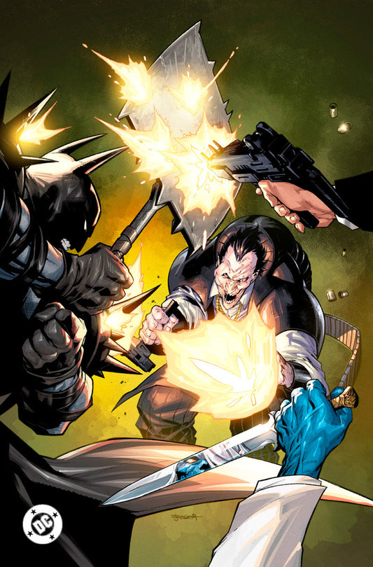 Illustrated comic book cover featuring a grimacing character in black tactical gear firing weapons amid yellow explosions against a green background, with DC logo visible.