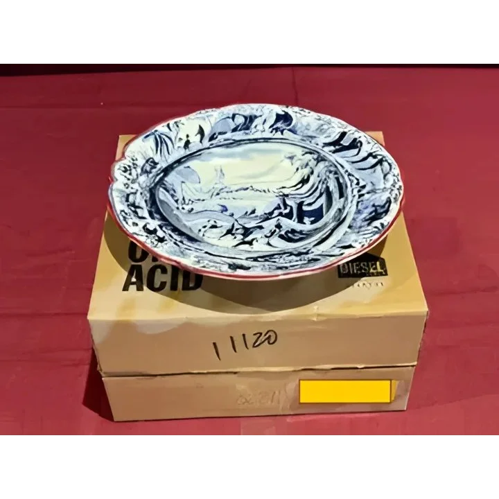 White and blue Seletti Classic soup plate with detailed Arabian landscape design