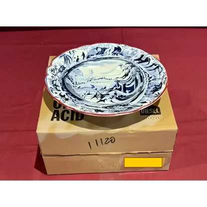 White and blue Seletti Classic soup plate with detailed Arabian landscape design