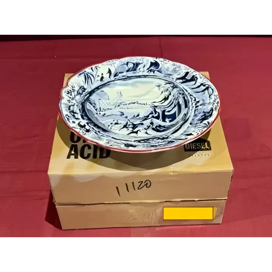 White and blue Seletti Classic soup plate with detailed Arabian landscape design