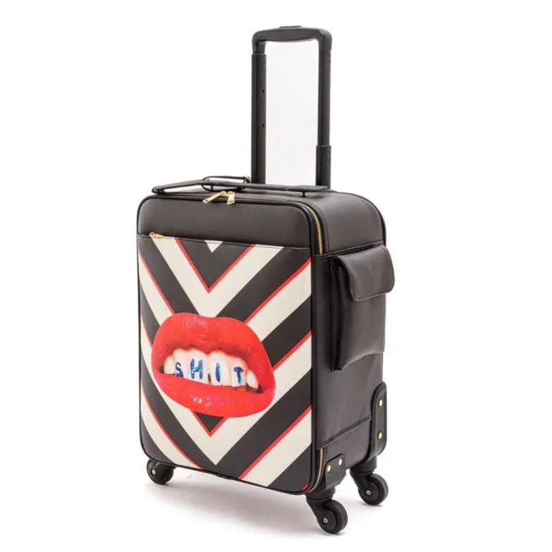 Black and white chevron trolley shit suitcase with red lips design for seletti toiletpaper travel