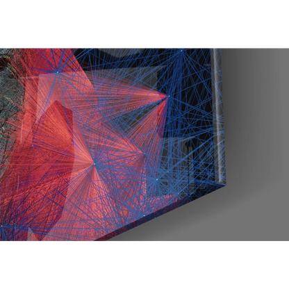 Vibrant red and blue geometric glass wall art on dark canvas