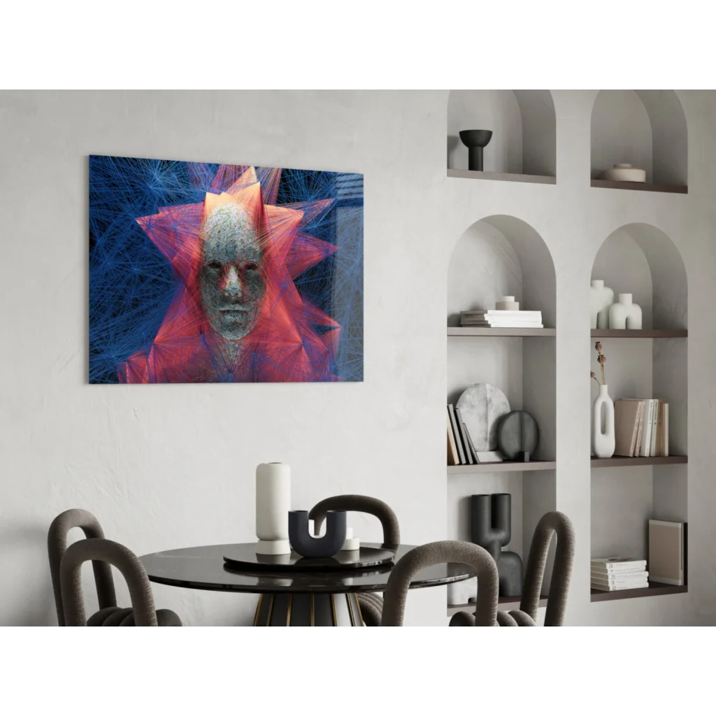 Vibrant abstract glass wall art portrait with glowing red-blue geometric face on dark canvas