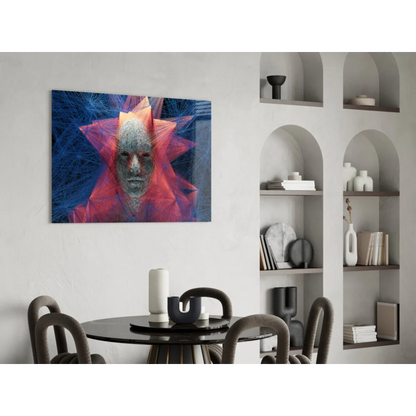 Vibrant abstract glass wall art portrait with glowing red-blue geometric face on dark canvas