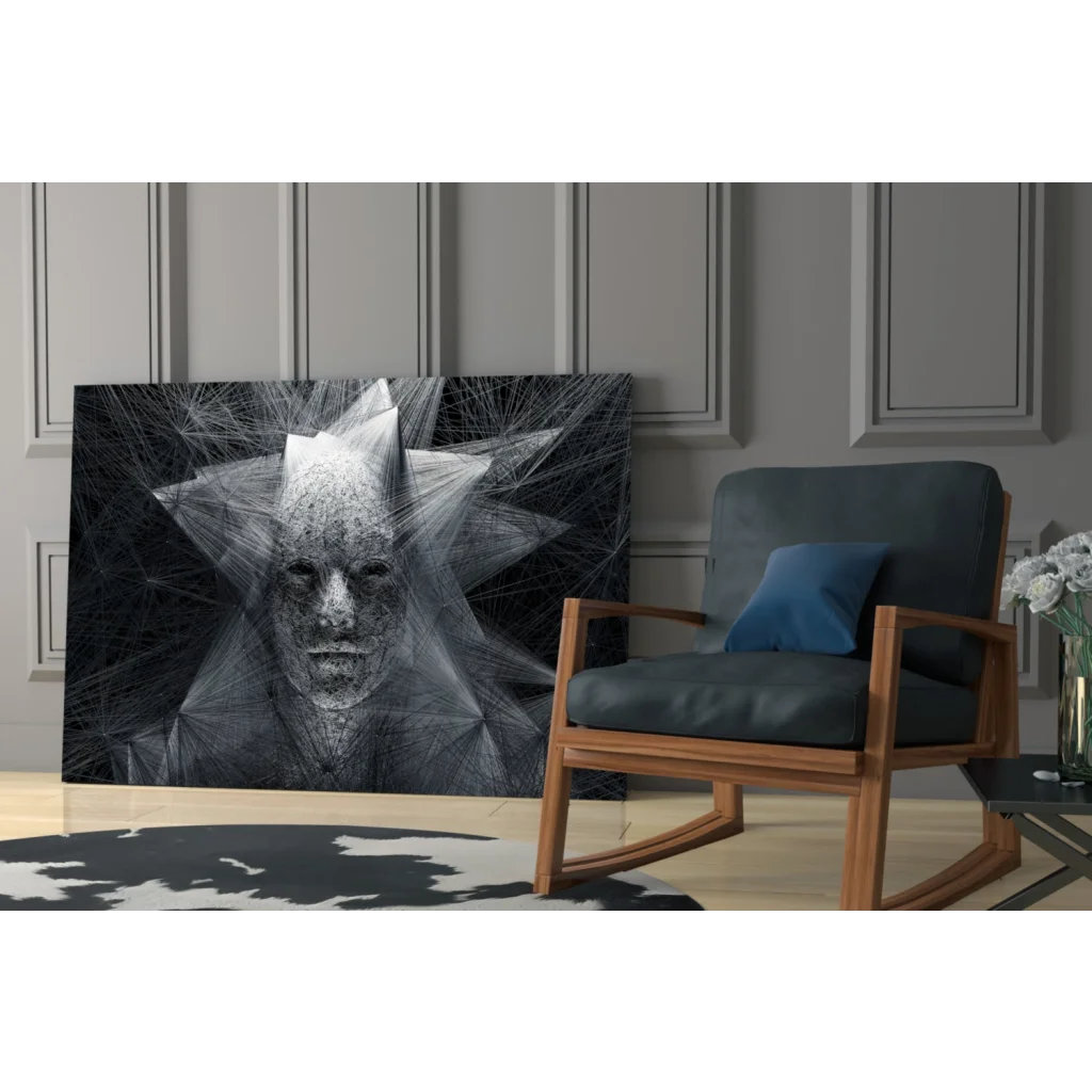 Black and white geometric star face abstract canvas wall art