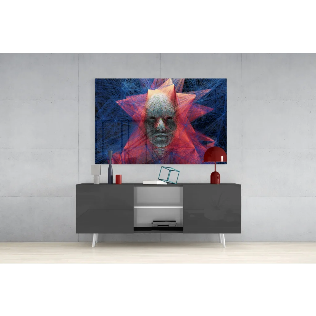 Vibrant glass wall art with abstract face in red-orange starburst on blue