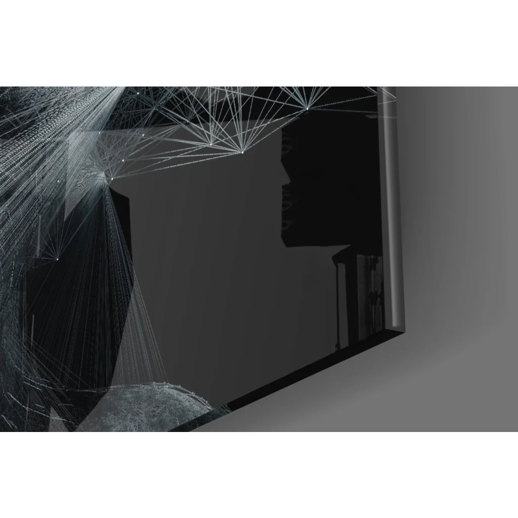 Sleek black-framed geometric wireframe face wall art in black and white