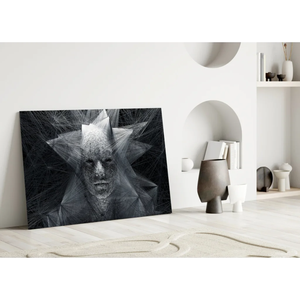 Black and white geometric star face abstract canvas wall art