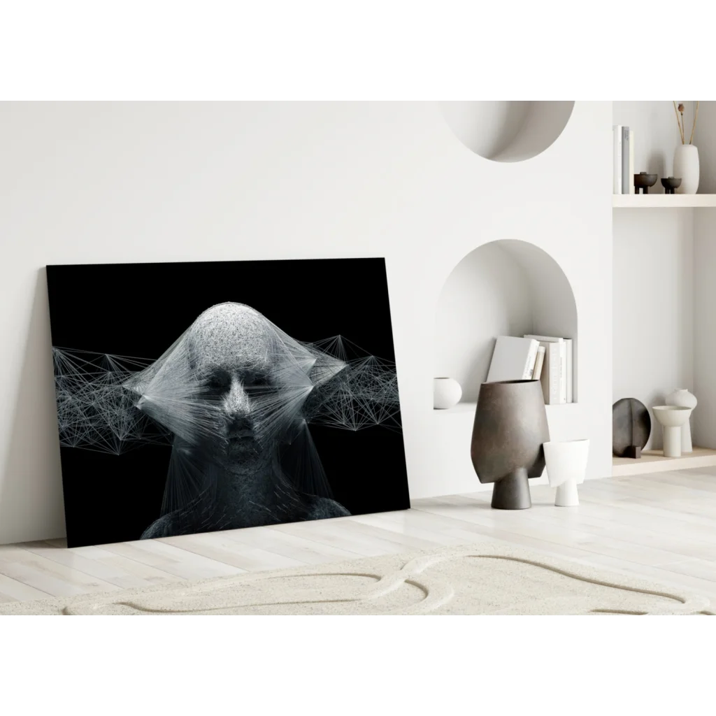 Black geometric wireframe face canvas wall art print