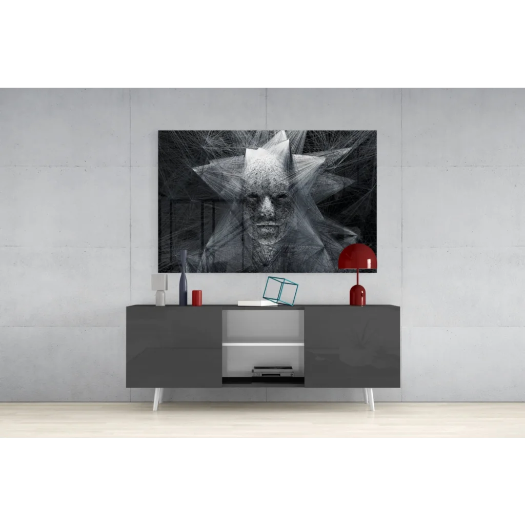 Striking black-and-white geometric star face abstract wall art canvas