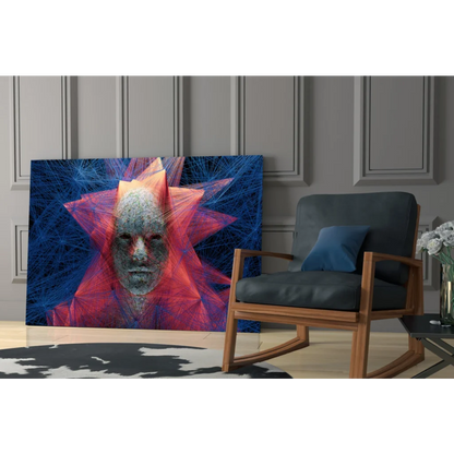Stunning glass wall art of textured face with red orange rays on blue