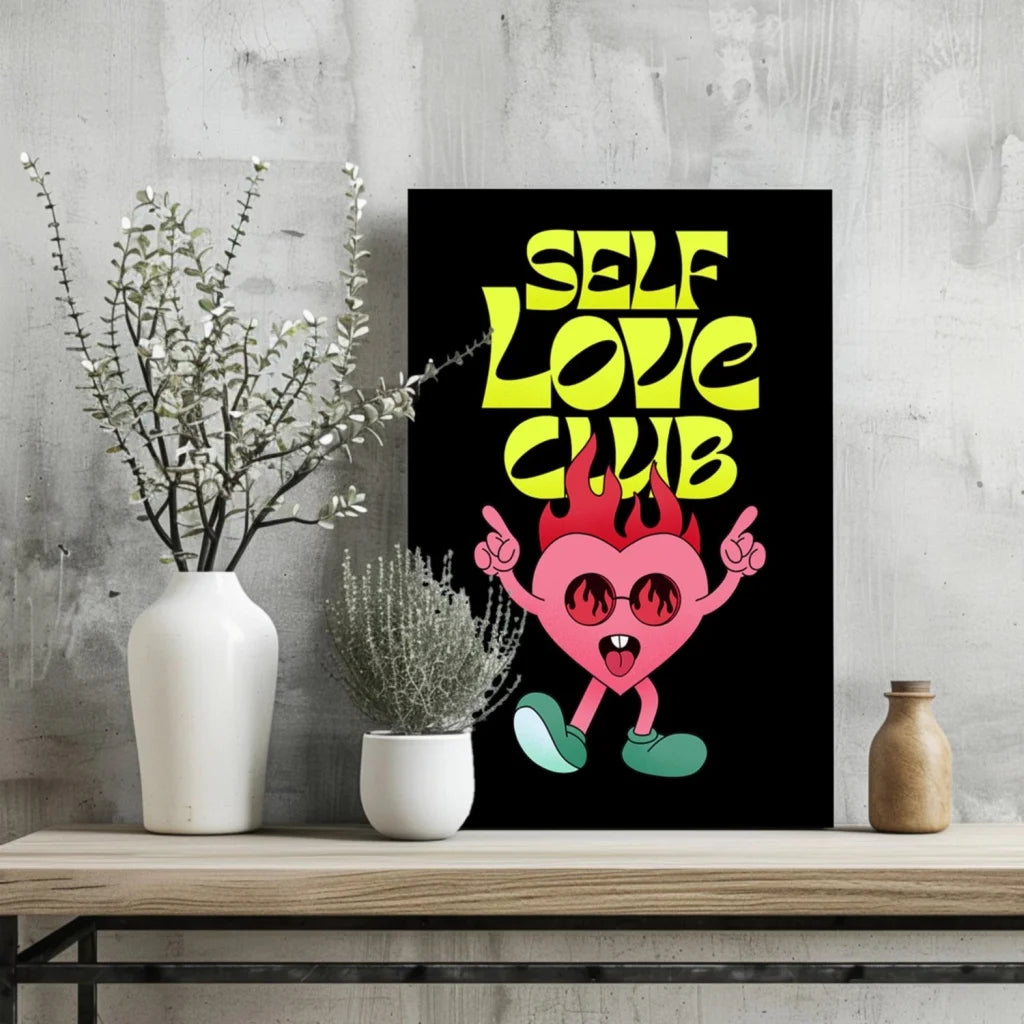 Vibrant Self Love Club flaming heart insigne aluminum print