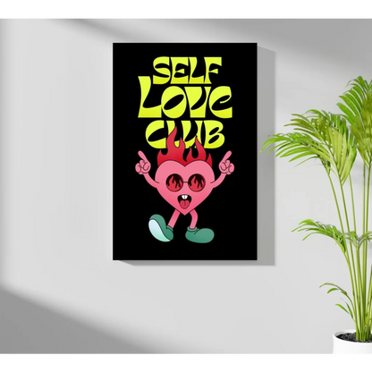 Vibrant flaming heart on insigne aluminum prints with self love club text